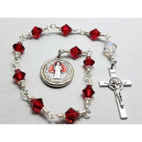 St Benedict Red Handmade One Decade Rosary, Red Swarovski Decade Beads - Picture 2 of 10